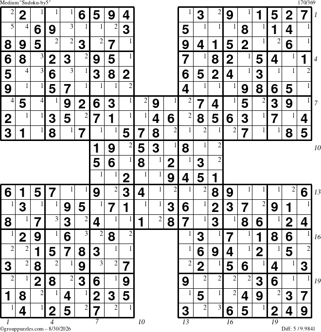 The grouppuzzles.com Medium Sudoku-by5 puzzle for Sunday August 30, 2026 with all 5 steps marked