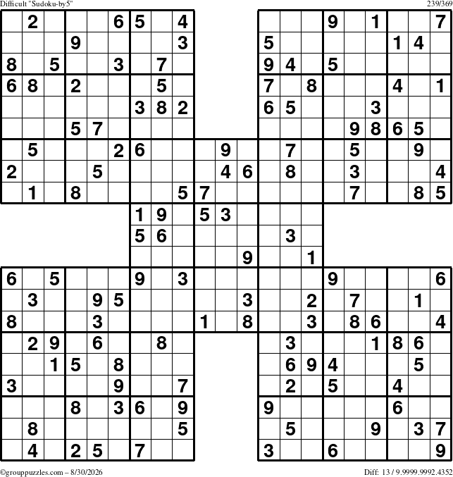 The grouppuzzles.com Difficult Sudoku-by5 puzzle for Sunday August 30, 2026