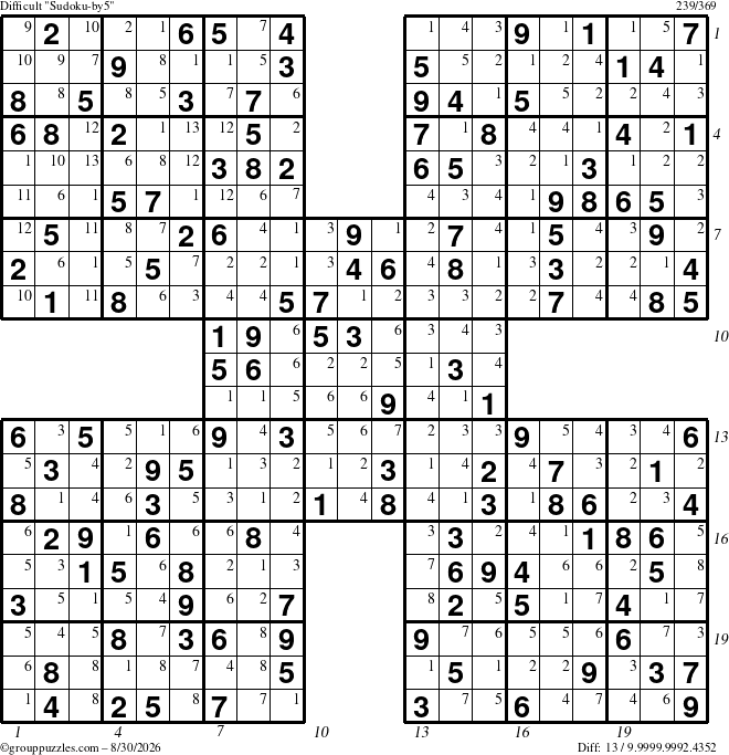 The grouppuzzles.com Difficult Sudoku-by5 puzzle for Sunday August 30, 2026 with all 13 steps marked