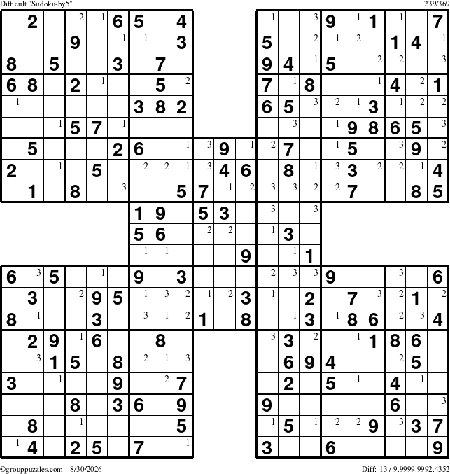 The grouppuzzles.com Difficult Sudoku-by5 puzzle for Sunday August 30, 2026 with the first 3 steps marked