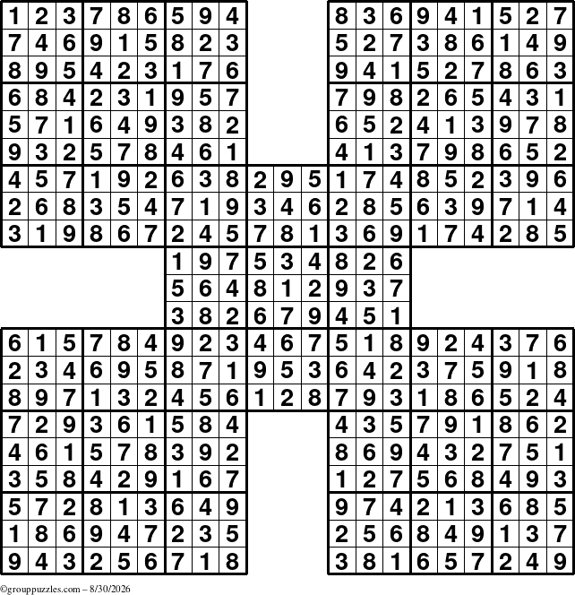 The grouppuzzles.com Answer grid for the Sudoku-by5 puzzle for Sunday August 30, 2026