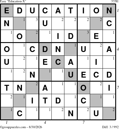 The grouppuzzles.com Easy Education-X puzzle for Sunday August 30, 2026 with all 3 steps marked