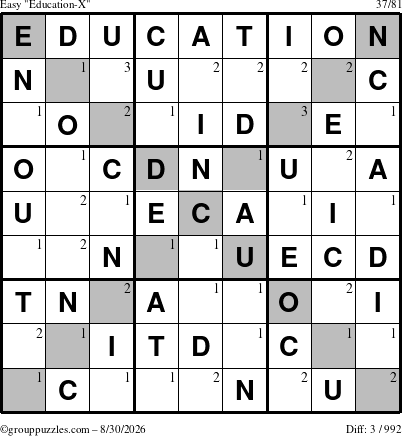 The grouppuzzles.com Easy Education-X puzzle for Sunday August 30, 2026 with the first 3 steps marked