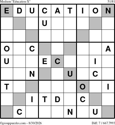 The grouppuzzles.com Medium Education-X puzzle for Sunday August 30, 2026