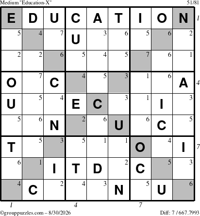 The grouppuzzles.com Medium Education-X puzzle for Sunday August 30, 2026 with all 7 steps marked