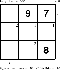 The grouppuzzles.com Easy TicTac-789 puzzle for Sunday August 30, 2026, suitable for printing, with all 2 steps marked