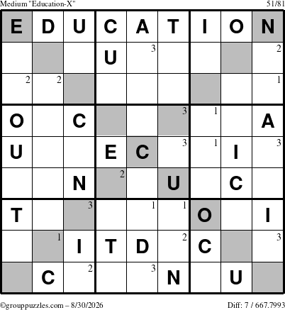 The grouppuzzles.com Medium Education-X puzzle for Sunday August 30, 2026 with the first 3 steps marked