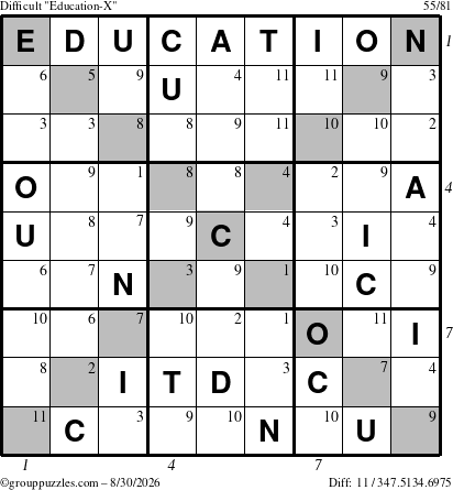 The grouppuzzles.com Difficult Education-X puzzle for Sunday August 30, 2026, suitable for printing, with all 11 steps marked
