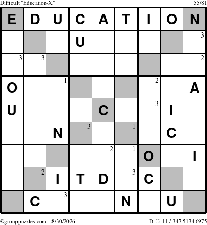 The grouppuzzles.com Difficult Education-X puzzle for Sunday August 30, 2026 with the first 3 steps marked