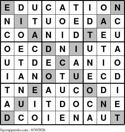 The grouppuzzles.com Answer grid for the Education-X puzzle for Sunday August 30, 2026