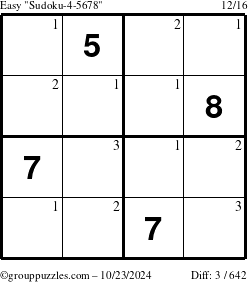 The grouppuzzles.com Easy Sudoku-4-5678 puzzle for Wednesday October 23, 2024 with the first 3 steps marked