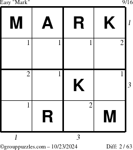 The grouppuzzles.com Easy Mark puzzle for Wednesday October 23, 2024 with all 2 steps marked