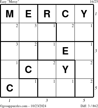 The grouppuzzles.com Easy Mercy puzzle for Wednesday October 23, 2024 with all 3 steps marked