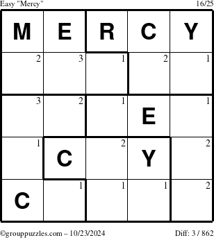 The grouppuzzles.com Easy Mercy puzzle for Wednesday October 23, 2024 with the first 3 steps marked