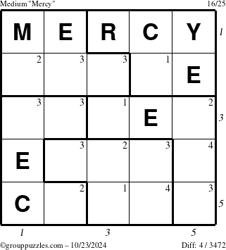 The grouppuzzles.com Medium Mercy puzzle for Wednesday October 23, 2024 with all 4 steps marked