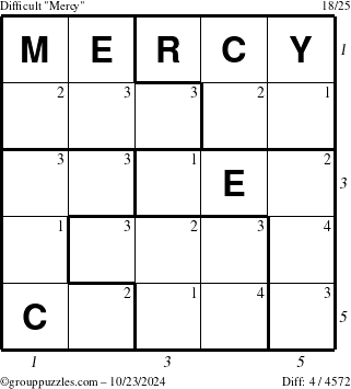 The grouppuzzles.com Difficult Mercy puzzle for Wednesday October 23, 2024, suitable for printing, with all 4 steps marked