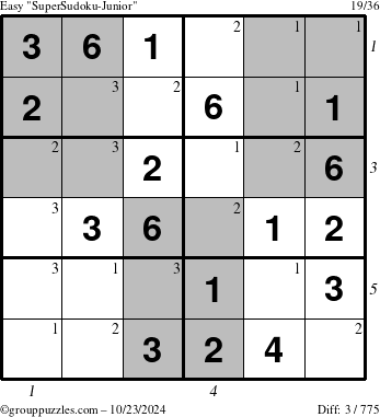 The grouppuzzles.com Easy SuperSudoku-Junior puzzle for Wednesday October 23, 2024 with all 3 steps marked