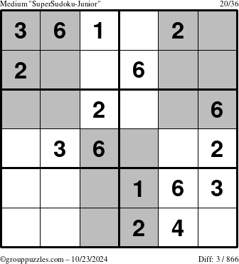 The grouppuzzles.com Medium SuperSudoku-Junior puzzle for Wednesday October 23, 2024