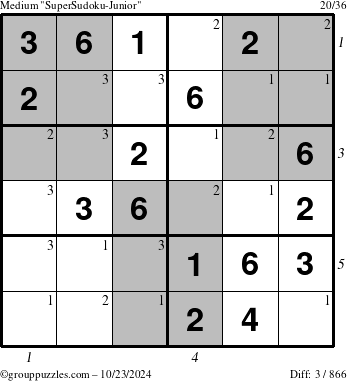 The grouppuzzles.com Medium SuperSudoku-Junior puzzle for Wednesday October 23, 2024 with all 3 steps marked