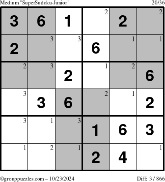 The grouppuzzles.com Medium SuperSudoku-Junior puzzle for Wednesday October 23, 2024 with the first 3 steps marked