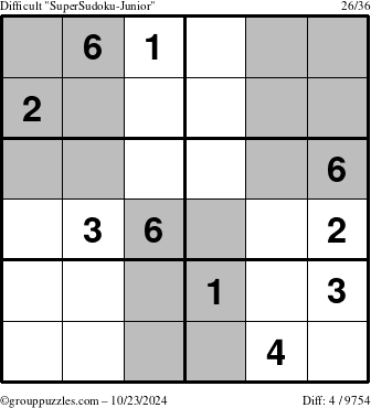 The grouppuzzles.com Difficult SuperSudoku-Junior puzzle for Wednesday October 23, 2024