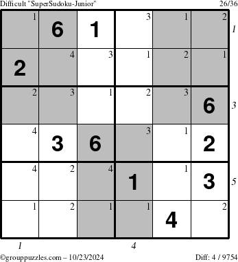 The grouppuzzles.com Difficult SuperSudoku-Junior puzzle for Wednesday October 23, 2024 with all 4 steps marked