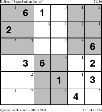 The grouppuzzles.com Difficult SuperSudoku-Junior puzzle for Wednesday October 23, 2024 with the first 3 steps marked