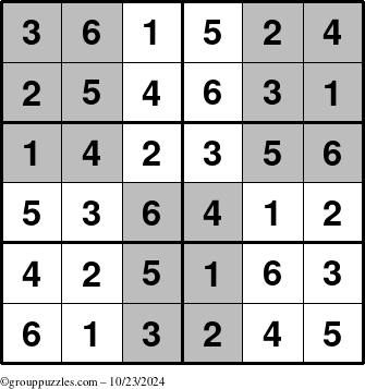 The grouppuzzles.com Answer grid for the SuperSudoku-Junior puzzle for Wednesday October 23, 2024