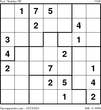 The grouppuzzles.com Easy Sudoku-7B puzzle for Wednesday October 23, 2024