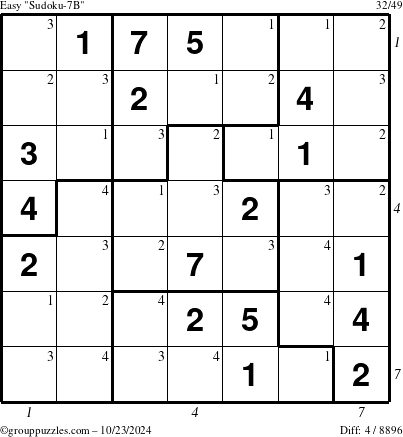 The grouppuzzles.com Easy Sudoku-7B puzzle for Wednesday October 23, 2024 with all 4 steps marked