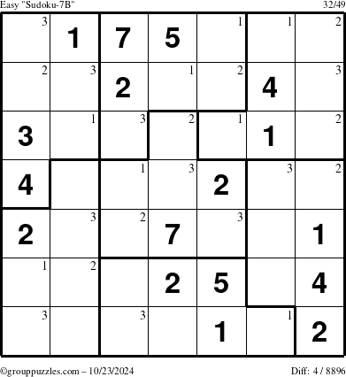 The grouppuzzles.com Easy Sudoku-7B puzzle for Wednesday October 23, 2024 with the first 3 steps marked