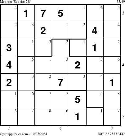 The grouppuzzles.com Medium Sudoku-7B puzzle for Wednesday October 23, 2024, suitable for printing, with all 8 steps marked