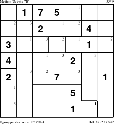 The grouppuzzles.com Medium Sudoku-7B puzzle for Wednesday October 23, 2024 with the first 3 steps marked