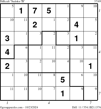 The grouppuzzles.com Difficult Sudoku-7B puzzle for Wednesday October 23, 2024 with all 11 steps marked