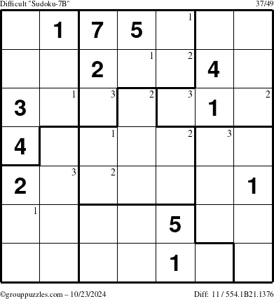 The grouppuzzles.com Difficult Sudoku-7B puzzle for Wednesday October 23, 2024 with the first 3 steps marked