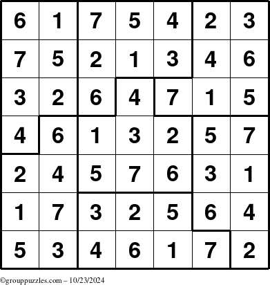 The grouppuzzles.com Answer grid for the Sudoku-7B puzzle for Wednesday October 23, 2024