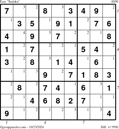 The grouppuzzles.com Easy Sudoku puzzle for Wednesday October 23, 2024 with all 4 steps marked