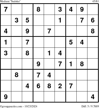 The grouppuzzles.com Medium Sudoku puzzle for Wednesday October 23, 2024