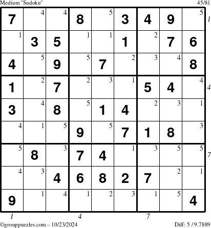 The grouppuzzles.com Medium Sudoku puzzle for Wednesday October 23, 2024 with all 5 steps marked