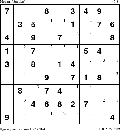 The grouppuzzles.com Medium Sudoku puzzle for Wednesday October 23, 2024 with the first 3 steps marked