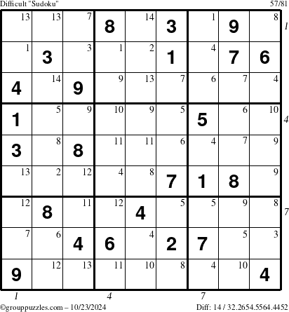 The grouppuzzles.com Difficult Sudoku puzzle for Wednesday October 23, 2024, suitable for printing, with all 14 steps marked