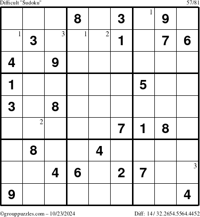 The grouppuzzles.com Difficult Sudoku puzzle for Wednesday October 23, 2024 with the first 3 steps marked