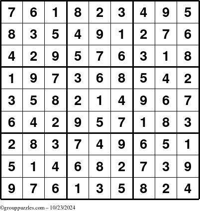 The grouppuzzles.com Answer grid for the Sudoku puzzle for Wednesday October 23, 2024