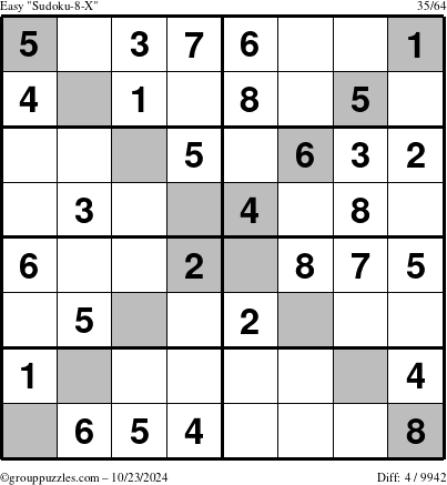 The grouppuzzles.com Easy Sudoku-8-X puzzle for Wednesday October 23, 2024