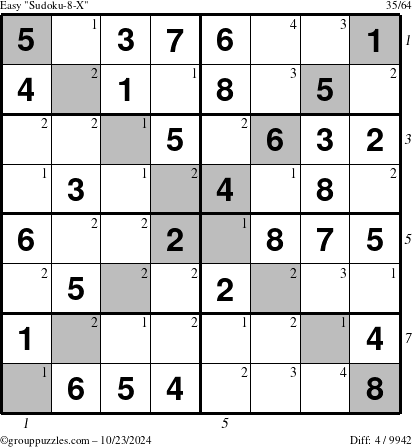 The grouppuzzles.com Easy Sudoku-8-X puzzle for Wednesday October 23, 2024 with all 4 steps marked