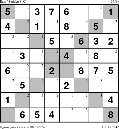 The grouppuzzles.com Easy Sudoku-8-X puzzle for Wednesday October 23, 2024 with the first 3 steps marked