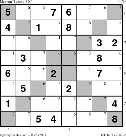 The grouppuzzles.com Medium Sudoku-8-X puzzle for Wednesday October 23, 2024 with all 8 steps marked