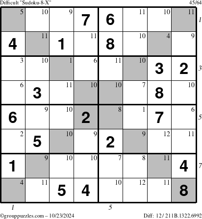 The grouppuzzles.com Difficult Sudoku-8-X puzzle for Wednesday October 23, 2024 with all 12 steps marked