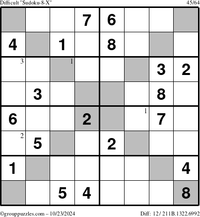 The grouppuzzles.com Difficult Sudoku-8-X puzzle for Wednesday October 23, 2024 with the first 3 steps marked