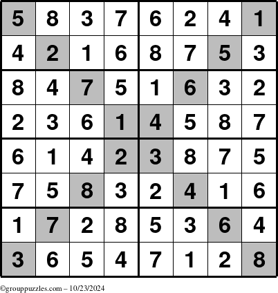 The grouppuzzles.com Answer grid for the Sudoku-8-X puzzle for Wednesday October 23, 2024